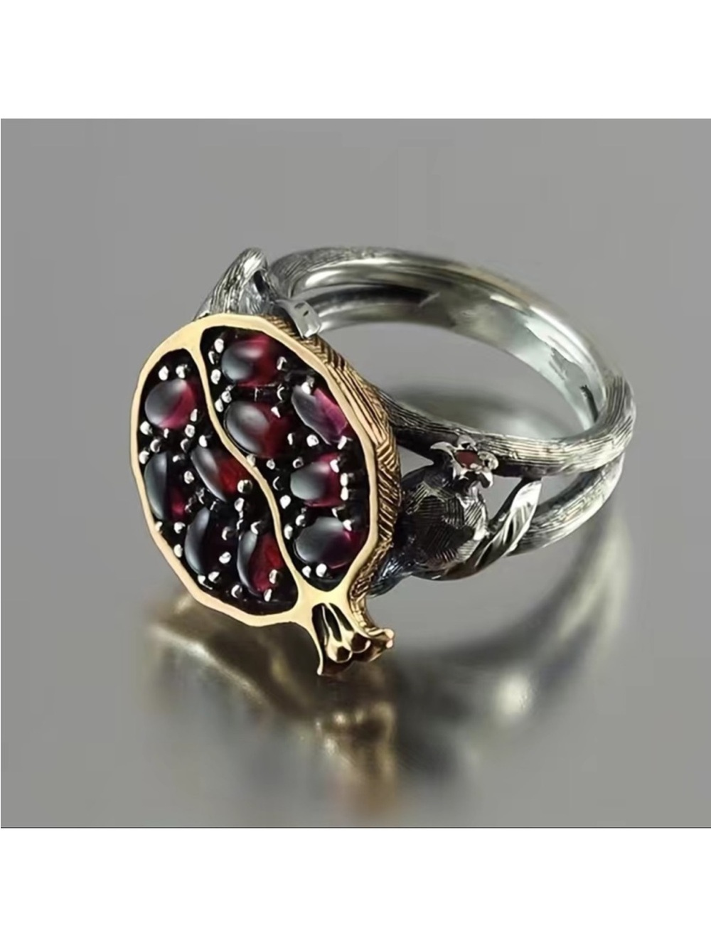 Brand New Retro Pomegranate Ruby Silver Gold Ring